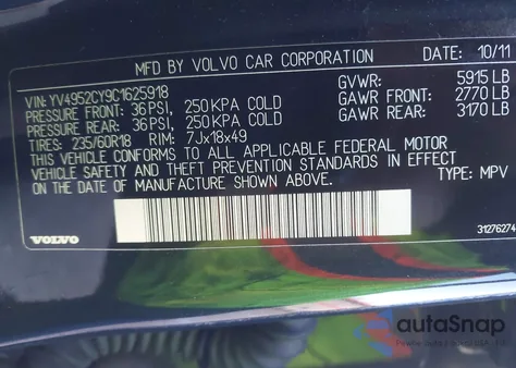 2012 Volvo Xc90 3.2 Platinum из США, поврежденный, VIN YV4952CY9C1625918